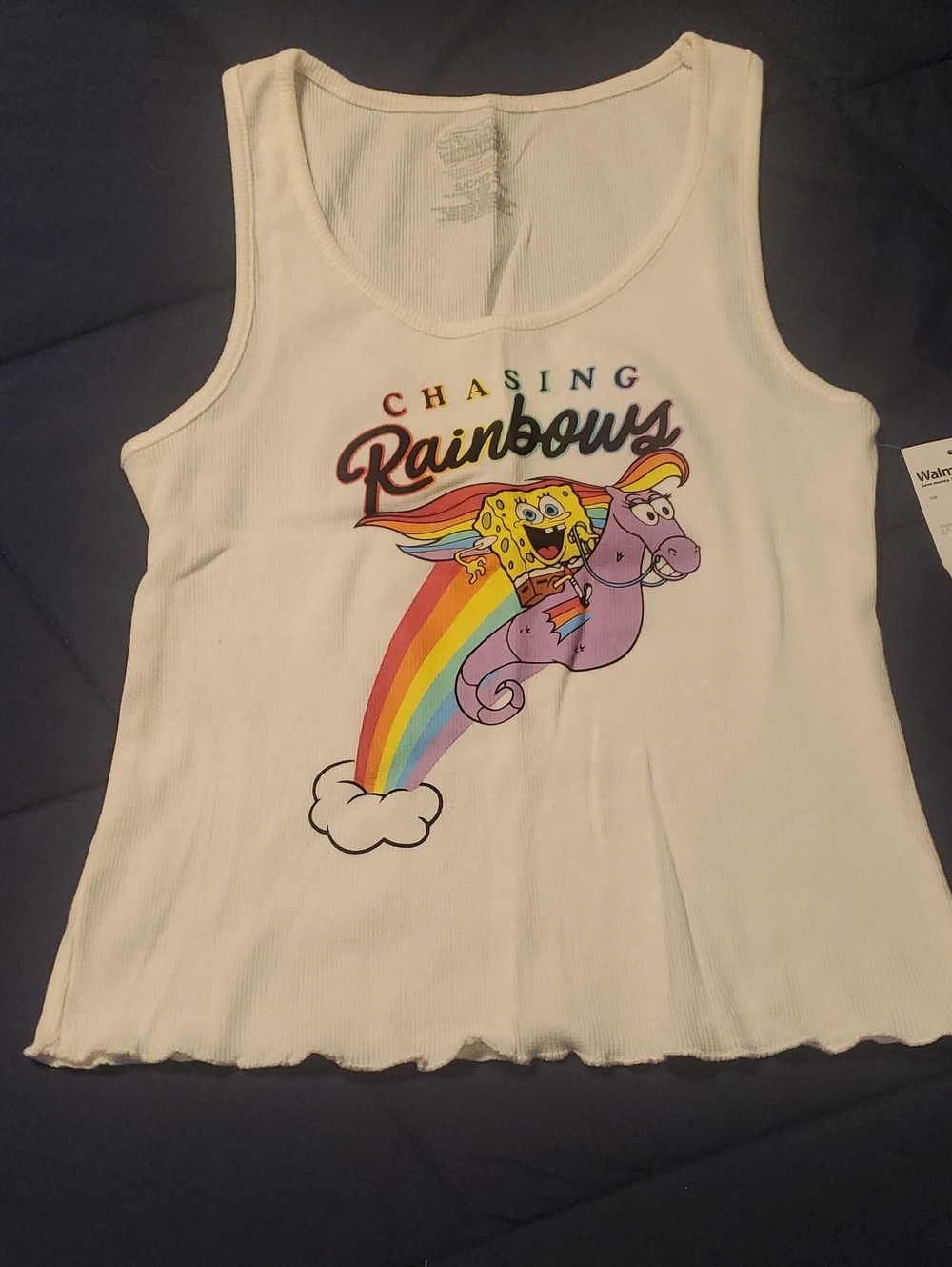 Womens White 'Chasing Rainbows' SpongeBob Graphic Tank Top